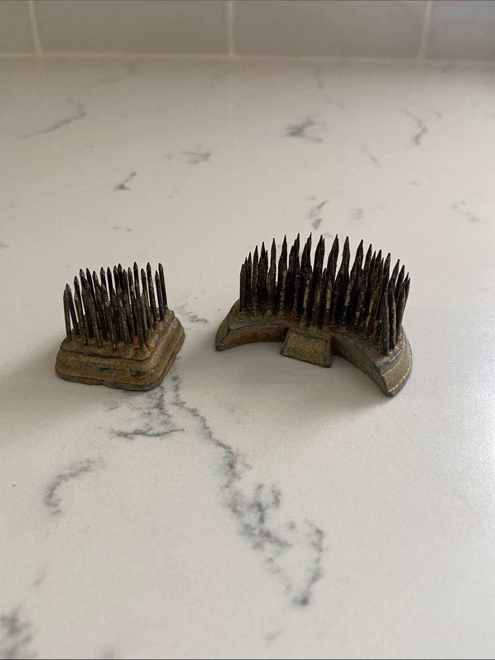 Vintage Metal Flower Frogs Pair Crescent & Square Pin Holders